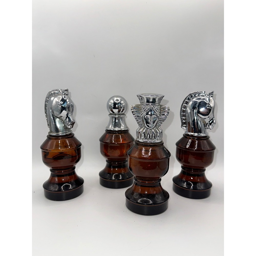Vintage Avon Chess Piece Cologne Bottles Amber Glass Set of 4 Knight Queen empty